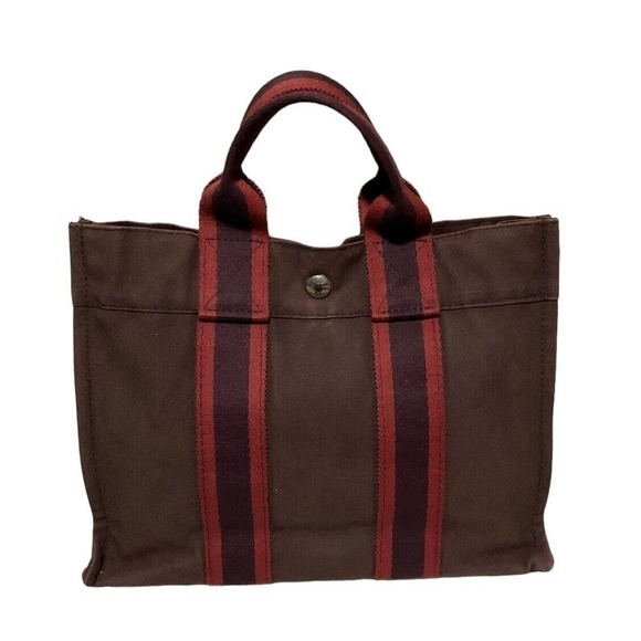HERMÈS Hermes Canvas Bag Fourre Tout Small Stripe Burgundy Maroon Tote Bag Purse - Picture 3 of 15